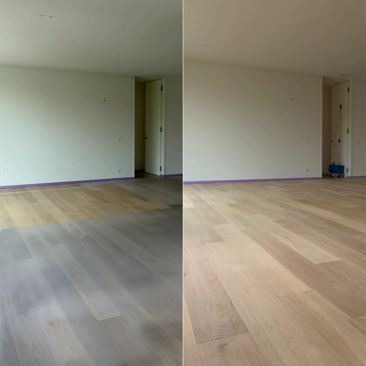 Parketvloer voor en na renovatie door Lecomte Parketvloeren