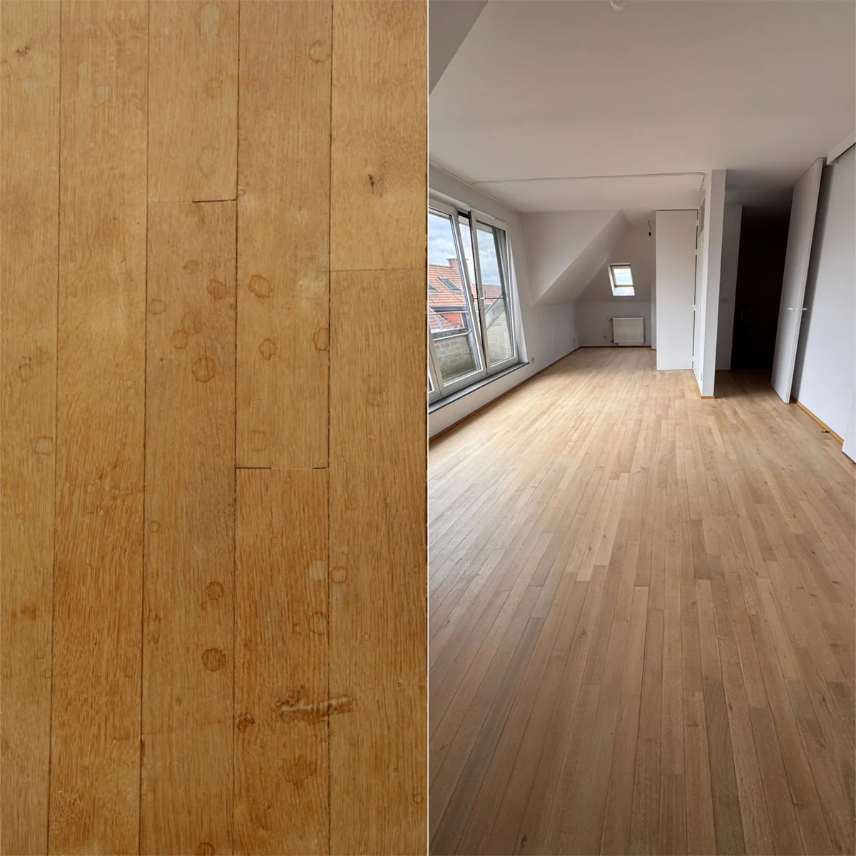 Versleten parketvloer voor en na herschuren en opnieuw afwerken
